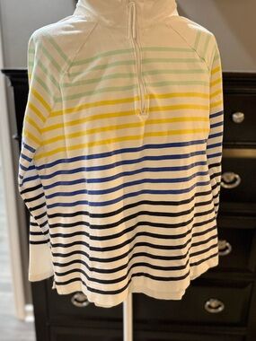Talbots White Knit Top with Mint, Yellow and Navy Stripes